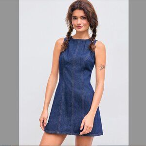 Cider Denim Solid Zipper Sleeveless Mini Dress